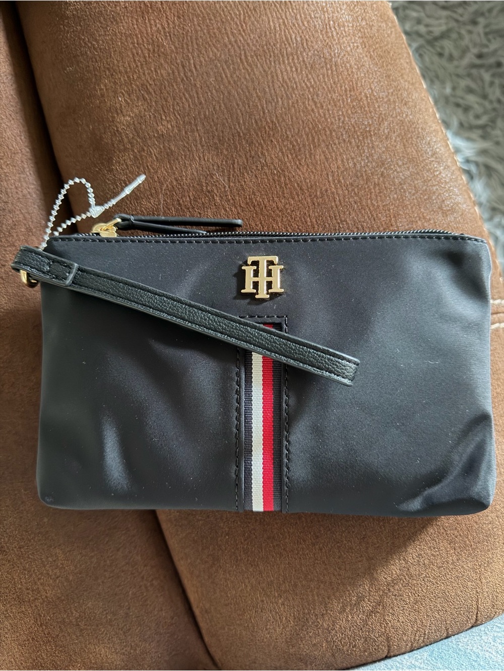 Tommy Hilfiger Black Nylon Pouch with Red-White-Blue Center Stripe - Picture 2 of 6